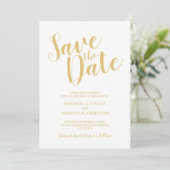 Moderne Script White und Gold Hochzeit speichern d Save The Date (Stehend Vorderseite)