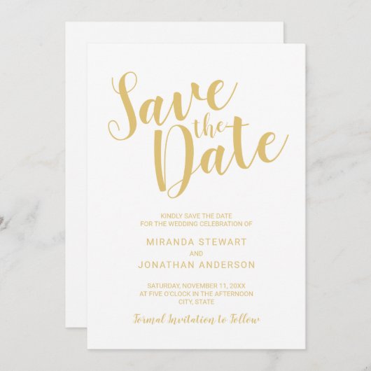 Moderne Script White und Gold Hochzeit speichern d Save The Date (Vorne/Hinten)