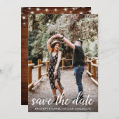Moderne Script Wood Lights Save the Date Card Einladung (Vorne/Hinten)