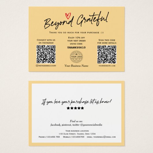 Moderne Script Yellow QR Code Geschenkkarte (Vorne & Hinten)