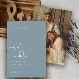 Moderne Sea Blue Minimalistisch Foto Hochzeit Save The Date