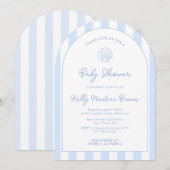 Moderne Sea Muschel Blue & White Coastal Babydusch Einladung (Vorne/Hinten)