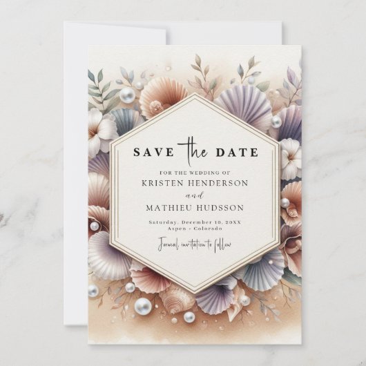 Moderne Seashell Beach Wedding Save The Date (Vorderseite)