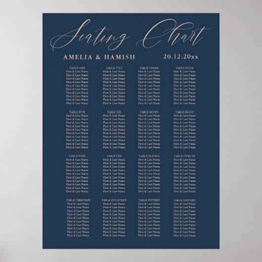 Moderne Seating Chart Blue & Rose Gold Hochzeit Poster (Vorne)