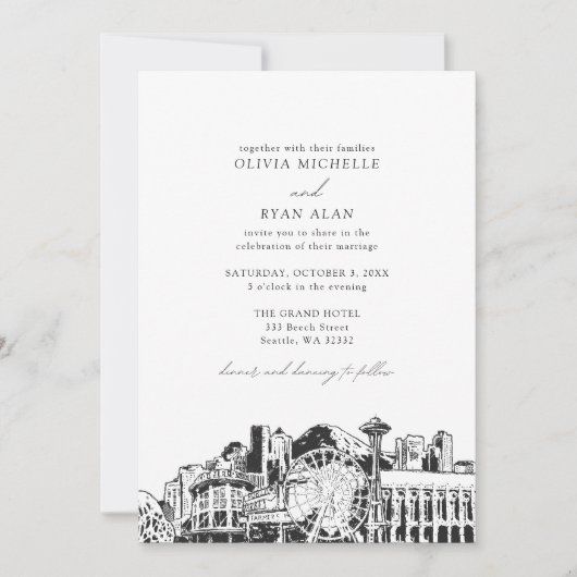 Moderne Seattle Sehenswürdigkeiten Black & White W Einladung (Vorderseite)