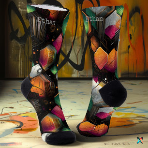 Moderne Sechsecke in Smaragd, Magenta und Orange Socken