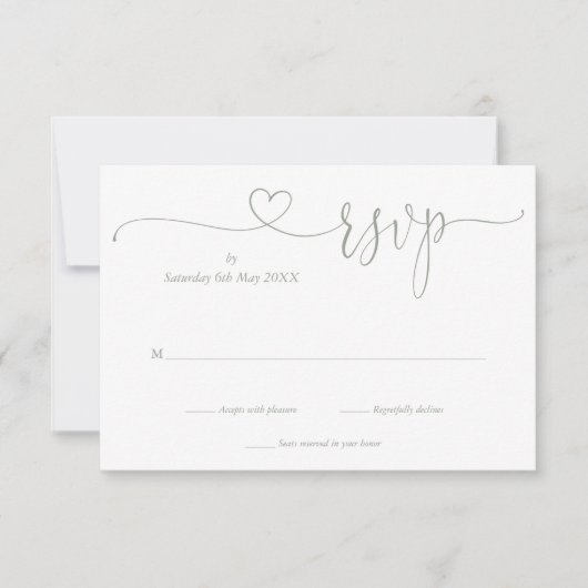 Moderne Seite Grün Elegantes Script Herz RSVP Karte (Vorderseite)