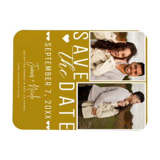 Moderne Senf Gold Save the Date 2 Foto Hochzeit Magnet (Horizontal)