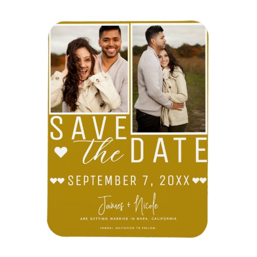Moderne Senf Gold Save the Date 2 Foto Hochzeit Magnet (Vertikal)