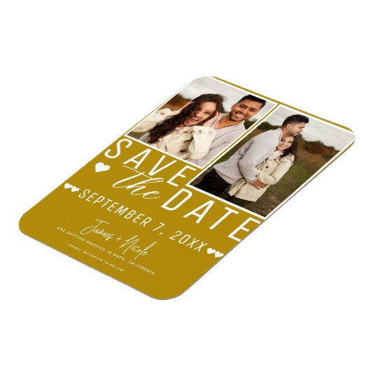 Moderne Senf Gold Save the Date 2 Foto Hochzeit Magnet (Linke Seite)