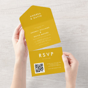 Moderne Senfgelb-Minimal-QR-Code-RSVP-Hochzeit All In One Einladung