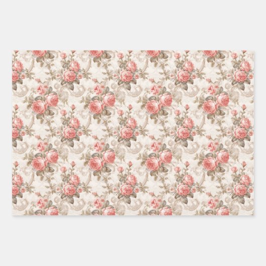 Moderne Shabby Chic Korallen und Elfenbein Französ Geschenkpapier Set (Vorderseite 3)