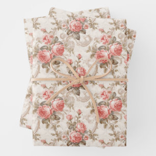 Moderne Shabby Chic Korallen und Elfenbein Französ Geschenkpapier Set