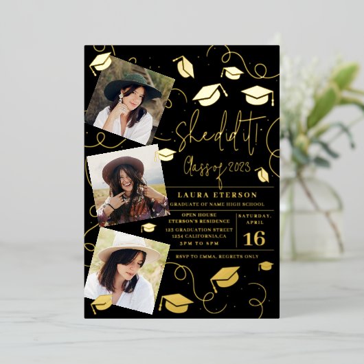 Moderne Sie machte es schwarz chic Foto Abschluss Folieneinladung (Stehend vorne)