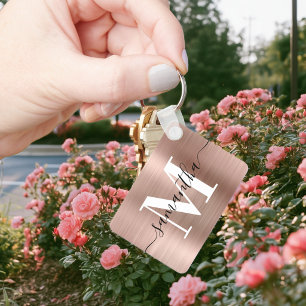 Moderne Signatur-Monogramm-Roségoldfolie-Rechteck Schlüsselanhänger