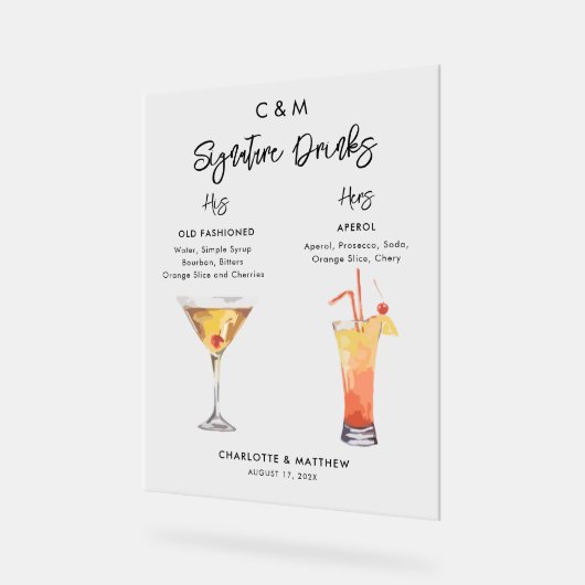 Moderne Signatur trinkt seine und ihre Hochzeit Acrylschild (Winkel)