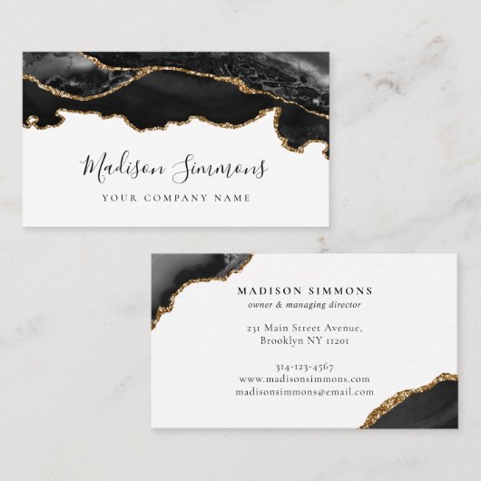 Moderne Signature Black Gold Glitzer Agate Marmor Visitenkarte (Vorne/Hinten)