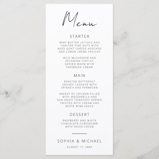 Moderne Signature Script Schwarz-weiß Wedding Menükarte (Vorderseite)