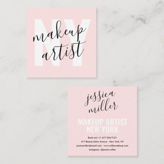 Moderne Signaturschrift hellrosa Makeup Künstler Quadratische Visitenkarte (Vorne/Hinten)