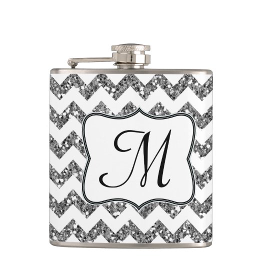 Moderne Silber Glitter Chevron Monogramm Whiskyfla Flachmann (Vorderseite)
