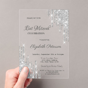 Moderne Silber Glitter Tropfen Roségold Bar Mizwa Acryleinladungen