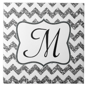 Moderne Silber-Glitzer-Zickzack-Monogramm-Anzeiget Fliese
