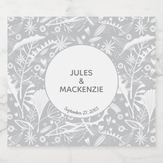 Moderne Silber Gray Graphic Floral Botanical Alkoholflaschenetikett (Einzelnes Label)
