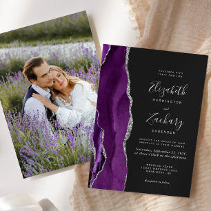 Moderne Silber-Lila-Achat-Foto-Dunkle Hochzeit Einladung