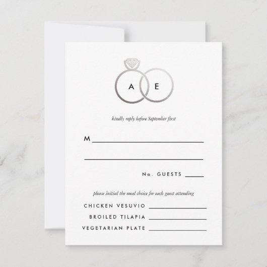 Moderne Silber Rings Wedding RSVP Replik Card (Vorderseite)