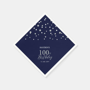 Moderne Silber- und Navyblau-100-Geburtstagsfeier Serviette