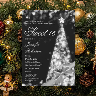 Moderne Silber-Weihnachtsbaum-Band Sweet 16 Geburt Einladung