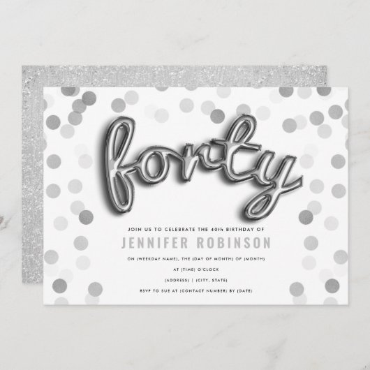 Moderne Silberballons Glitzer 40. Geburtstag Einladung (Vorne/Hinten)