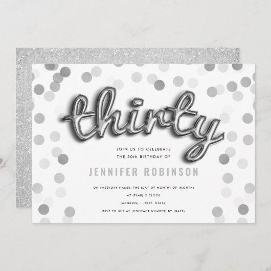 Moderne Silberballons Glitzer Dreißigste Geburtsta Einladung (Vorne/Hinten)