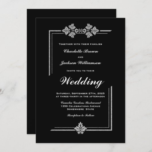 Moderne Silberbarsch-Schwarze Hochzeit Einladung (Vorne/Hinten)