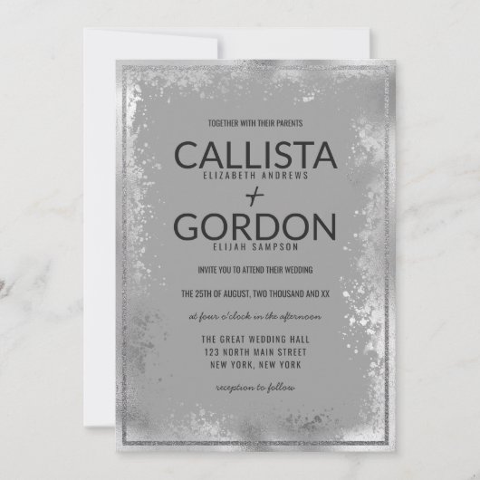 Moderne Silbergraue Spritzer Glitzer Border Weddin Einladung (Vorderseite)