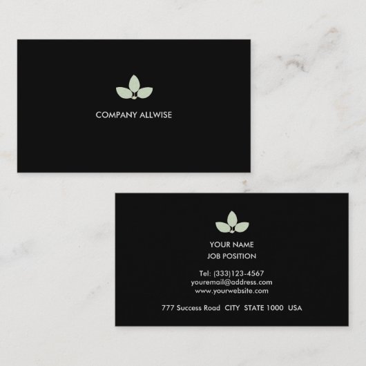 Moderne Silberlaurel-Blätter auf Schwarz Visitenkarte (Vorne/Hinten)