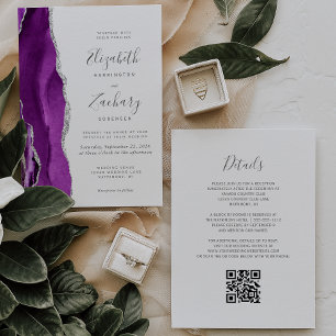 Moderne silberne Amagat-Hochzeit mit QR-Code in Li Einladung
