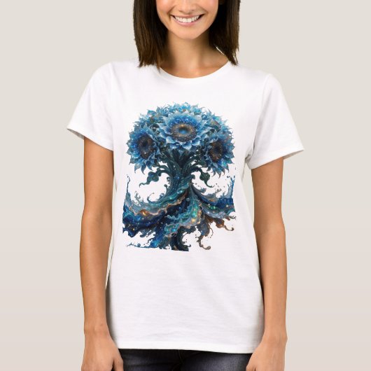 Moderne Silberne BLAUE BLUMENBAUM Hemd Design T-Shirt (Vorderseite)