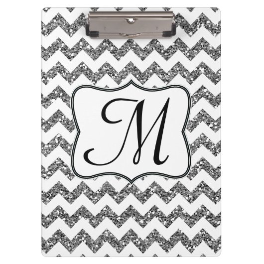 Moderne silberne Chevron-Monogramm-Initialen-Klemm Klemmbrett (Vorderseite)