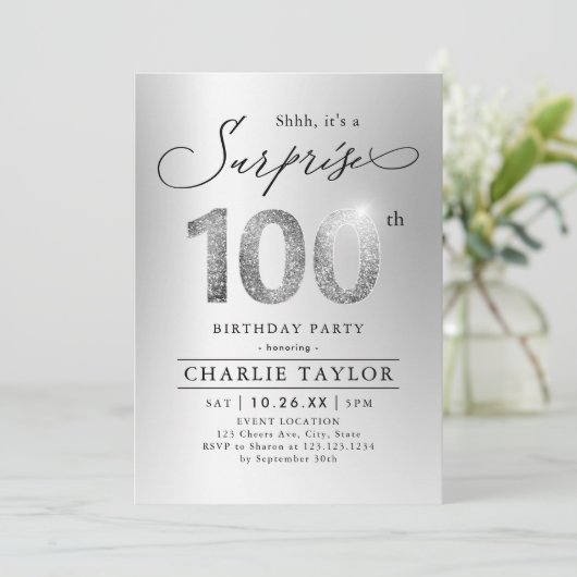 Moderne silberne Erwachsene Überraschung 100. Gebu Einladung (Stehend Vorderseite)