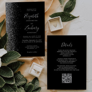 Moderne silberne Glitter-Schwarze QR-Code-Hochzeit Einladung
