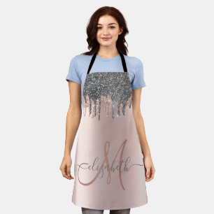 Moderne silberne Glitter-Tropfen Rose Gold Monogra Schürze