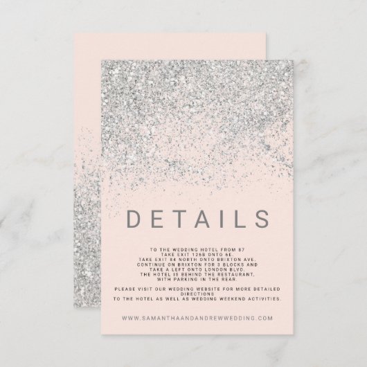 Moderne Silberne Glitzer Rosa Hochzeitsdetails Begleitkarte (Vorne/Hinten)