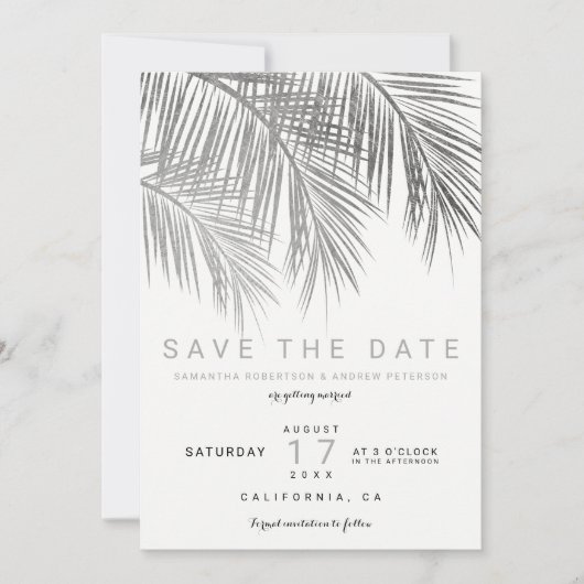 Moderne silberne Palme elegant Save the Date (Vorderseite)