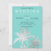 Moderne silberne Palmen aquamarine Hochzeit Einladung (Vorderseite)