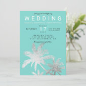 Moderne silberne Palmen aquamarine Hochzeit Einladung (Stehend Vorderseite)