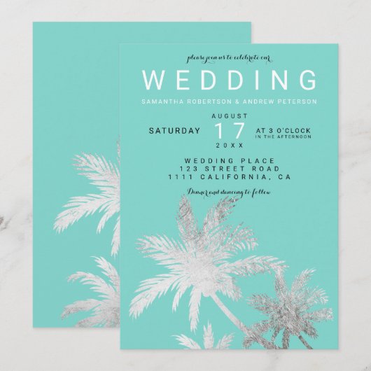 Moderne silberne Palmen aquamarine Hochzeit Einladung (Vorne/Hinten)