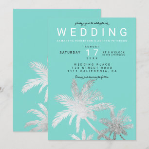 Moderne silberne Palmen aquamarine Hochzeit Einladung