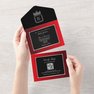 Moderne silberne rote schwarze Monogramm-Hochzeits All In One Einladung