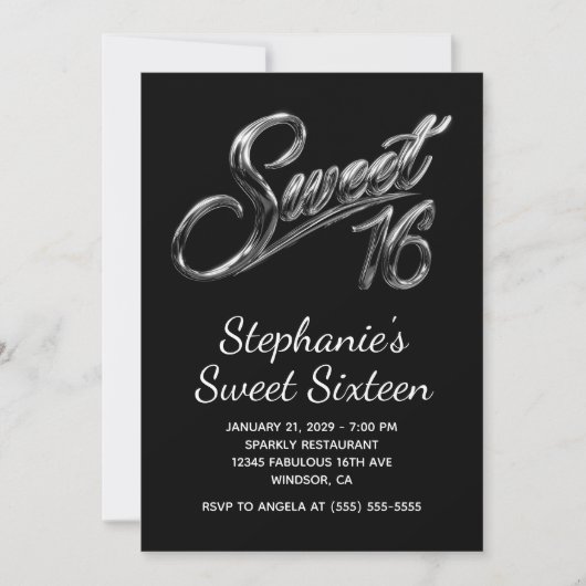 Moderne silberne schwarze Chrom Sweet 16 Einladung (Vorderseite)